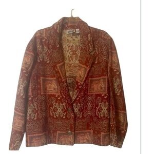 Chico's Design Vintage Burgundy Tapestry Boho Elephant  Blazer Jacket, size 1
